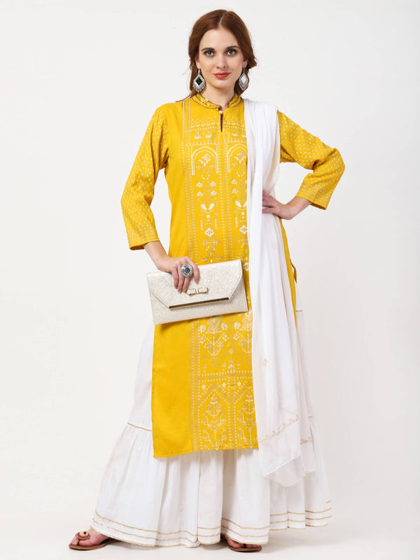 Women's Mustard & White Cotton Kurta With Skirt & Embroidered Dupatta Set - Cheera