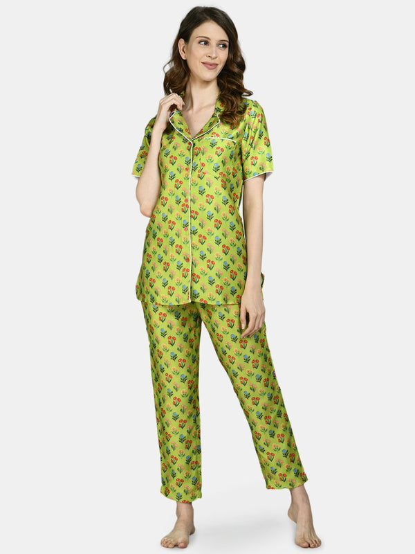 Women Green Printed Night Suit by Myshka (2 Pc Set)