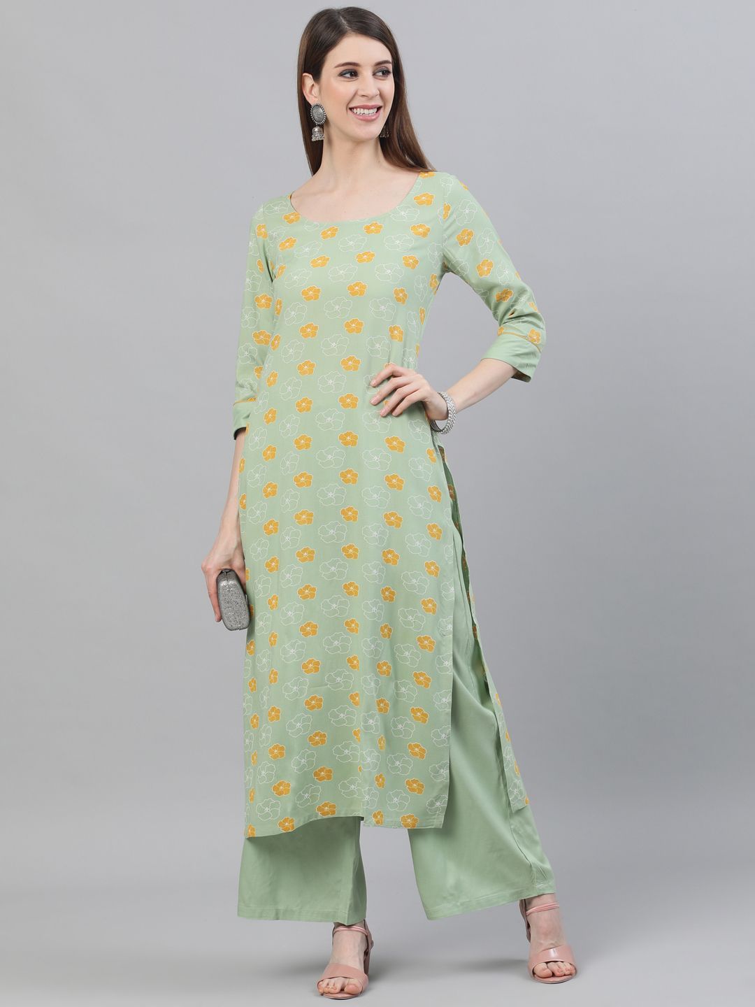 Women's Green & Yellow Floral Printed Straight Kurta Set - AKS