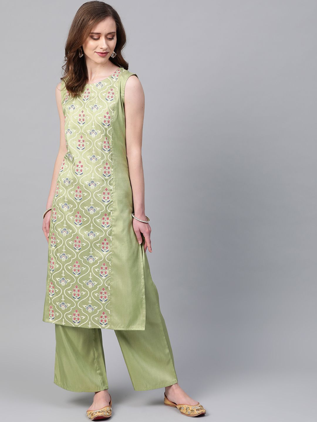 Women Green Silk Kurta with Palazzo by Ziyaa (2 Pc Set)