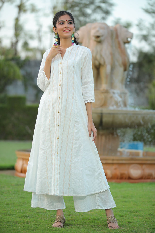 Women's White Cotton Dobby Printed A-Line Kurta With Mask - Juniper