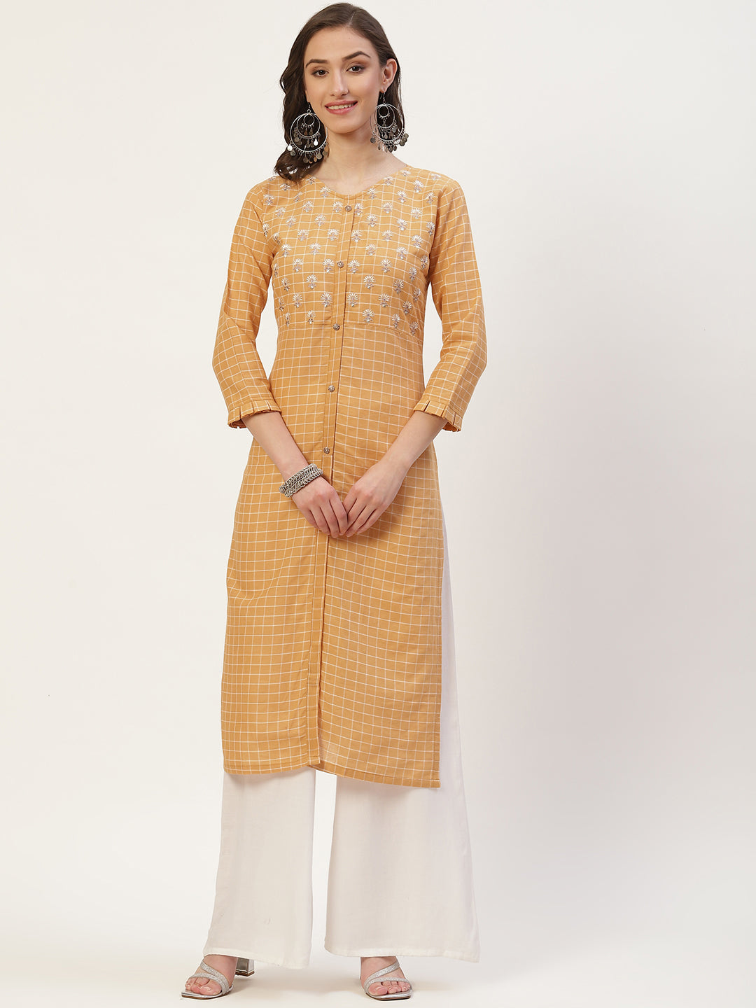 Women's Orange Pure Cotton Embroidered Straight Checked Kurta - Vaaba