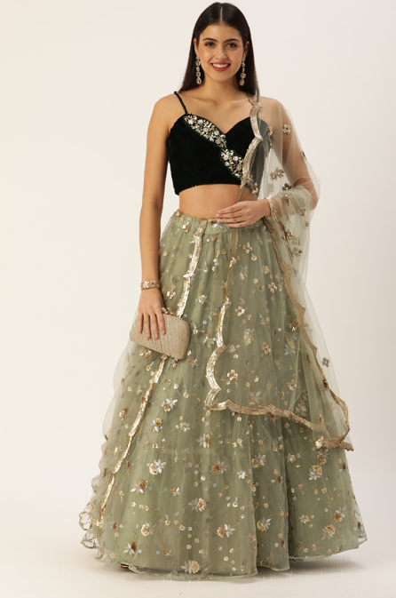 Women's Olive Net Sequince Embroideried  Lehenga & Blouse With Dupatta - Royal Dwells