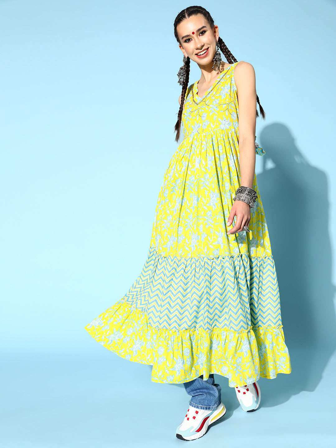 Women's Cotton Printed Tiered Dress (Green) - Kipek