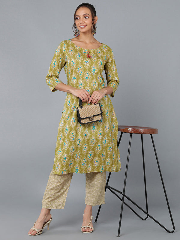 Women's Cotton Blend Printed Straight Kurta Set (Green) - Kipek