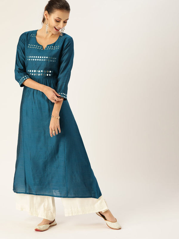 Women's Teal & Silver-Toned Embellished A-Line Kurta - Varanga