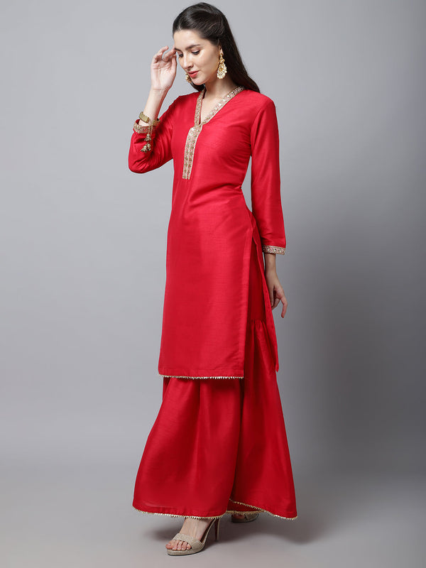 Women's Poppy Pink Silk Kurti With Gharara - Anokherang