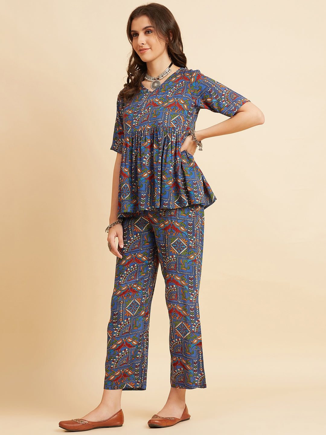 Women's Rayon Blue Pattern Co-Ord Set - Azira