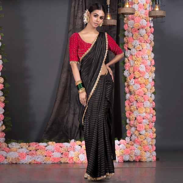 Women's Black Georgette Saree With Lurex Gold Stripes And Scallop Embroidered Border - Boveee