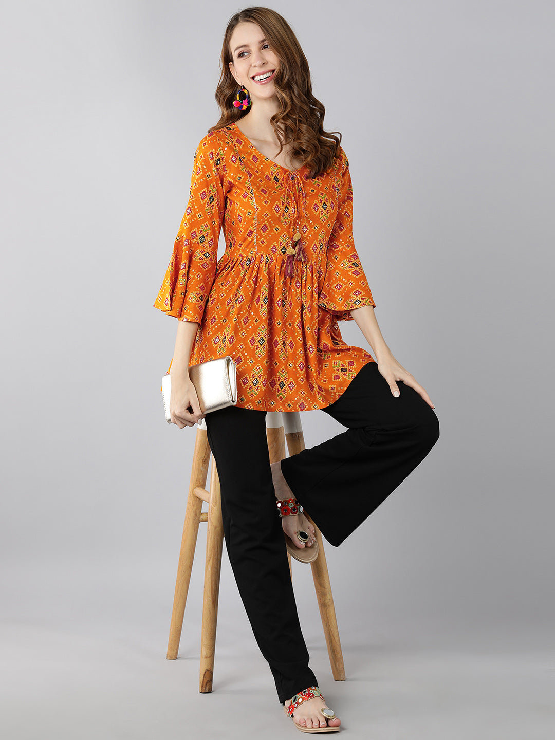 Women's Rayon Printed Peplum Top (Orange) - Kipek