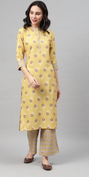 Women's Yellow Color Screen Print Straight Kurta And Palazzo Set - Ziyaa