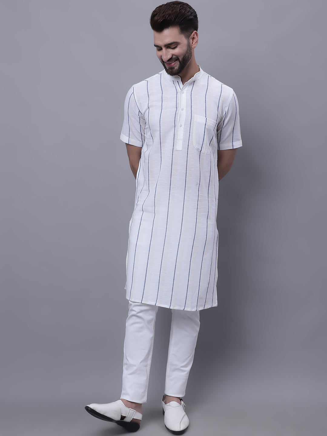 Men's Pure Cotton Short Sleeves Kurta With Band Collar - Even Apparels