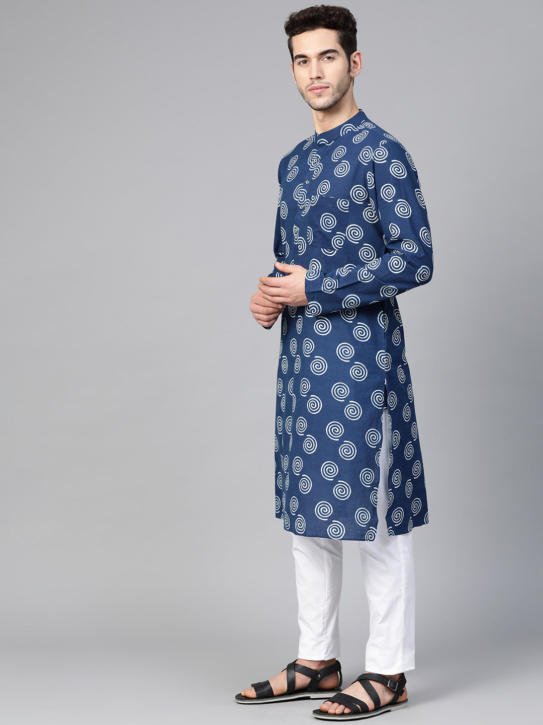 Men's Blue Indigo Hand Block Print Straight Sustainable Kurta With Pyjama - See Designs