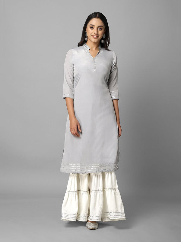 Women's Solid Grey And Cream Side Slit Straight Kurta And Sharara Set - Azira