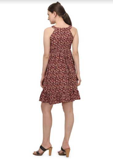 Women's Wine Halter Neck Small Floral Print Short Dress - MESMORA FASHIONS