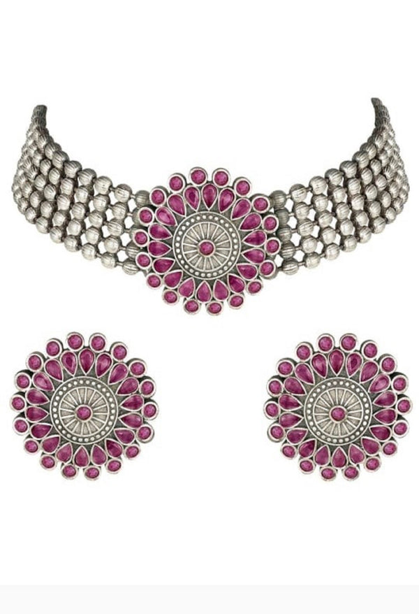 Women's Oxidised Silver-Plated Brass Finish Kundan Choker (Pink) - Kamal Johar