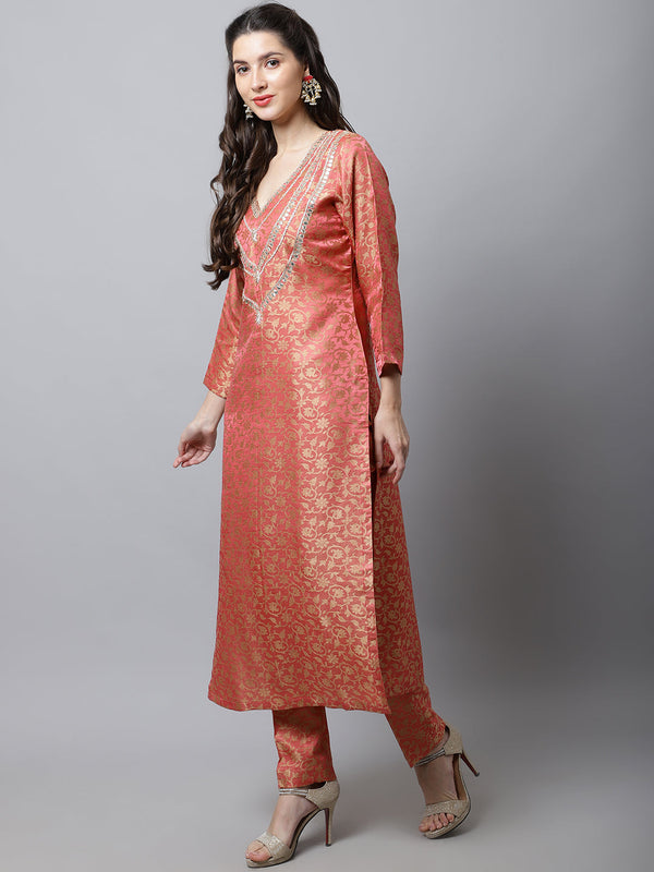 Women's Maharani Pink Embroidered Kurti With Straight Pants - Anokherang