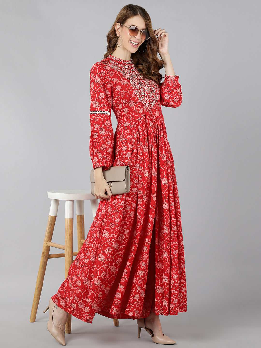 Women's Georgette Printed Flared Jumpsuit (Red) - Kipek