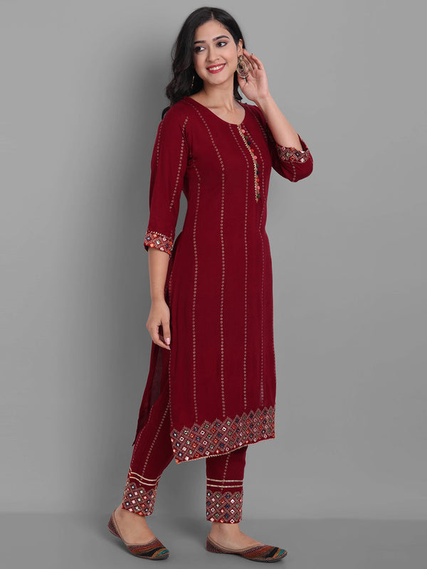 Women's Burgundy Rayon Kurta Pant And Dupatta Set - Noz2Toz