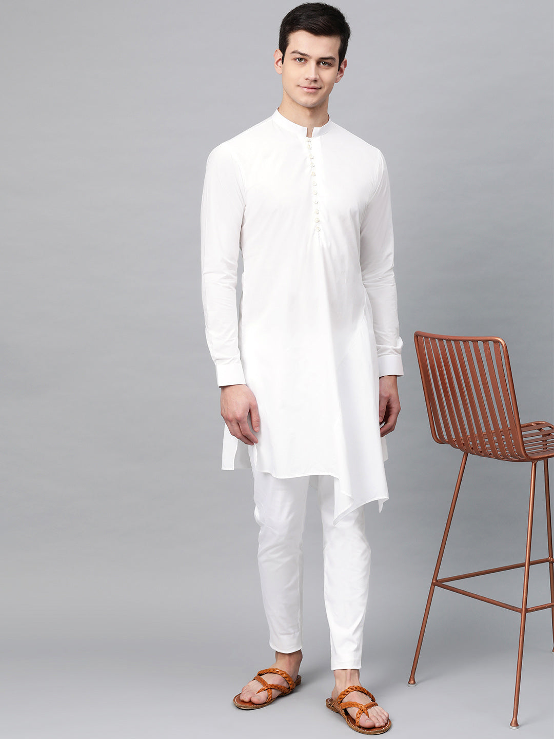 Men's White Solid Asymmetrical Kurta With Pyjama - See Designs