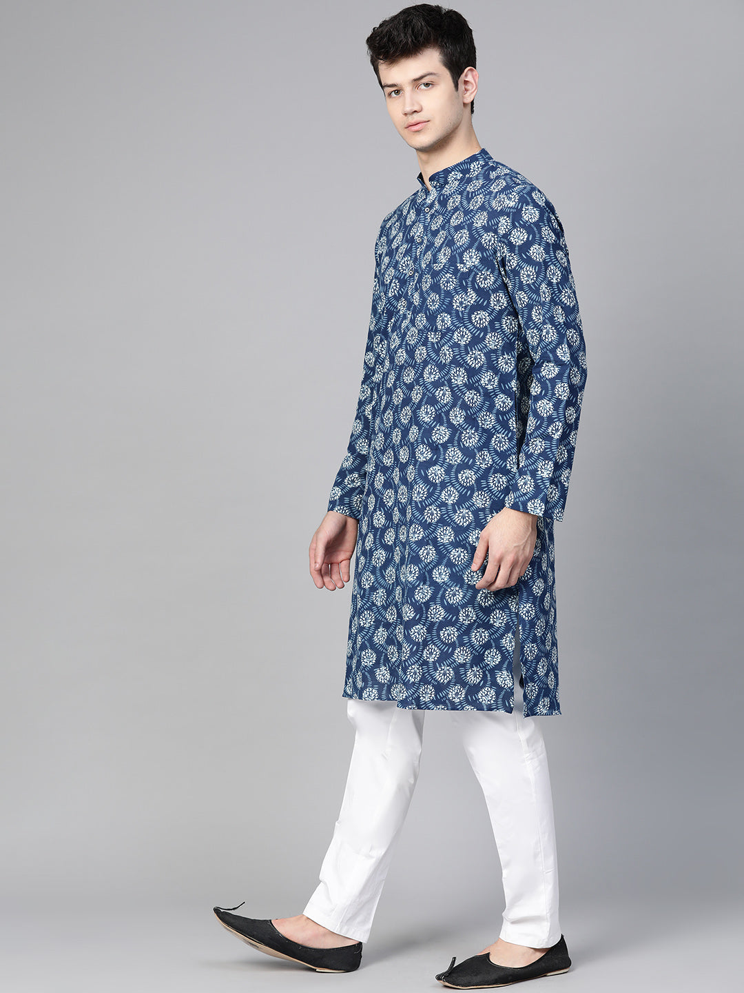 Men's Blue Indigo Hand Block Print Straight Sustainable Kurta With Pyjama - See Designs