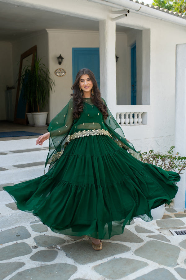 Women's Bottle Green Cape Lehenga Choli - Label Shaurya Sanadhya