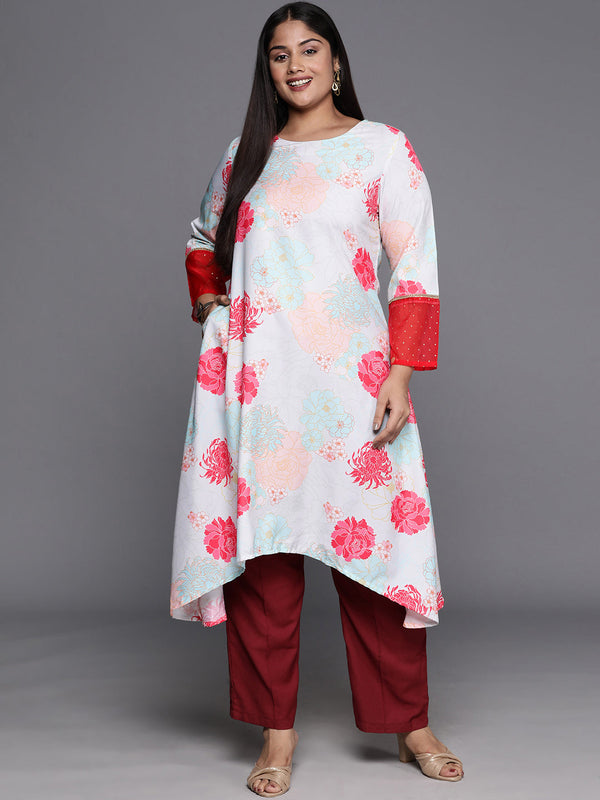 Sea Green & Red Plus Size Floral Printed Kurta