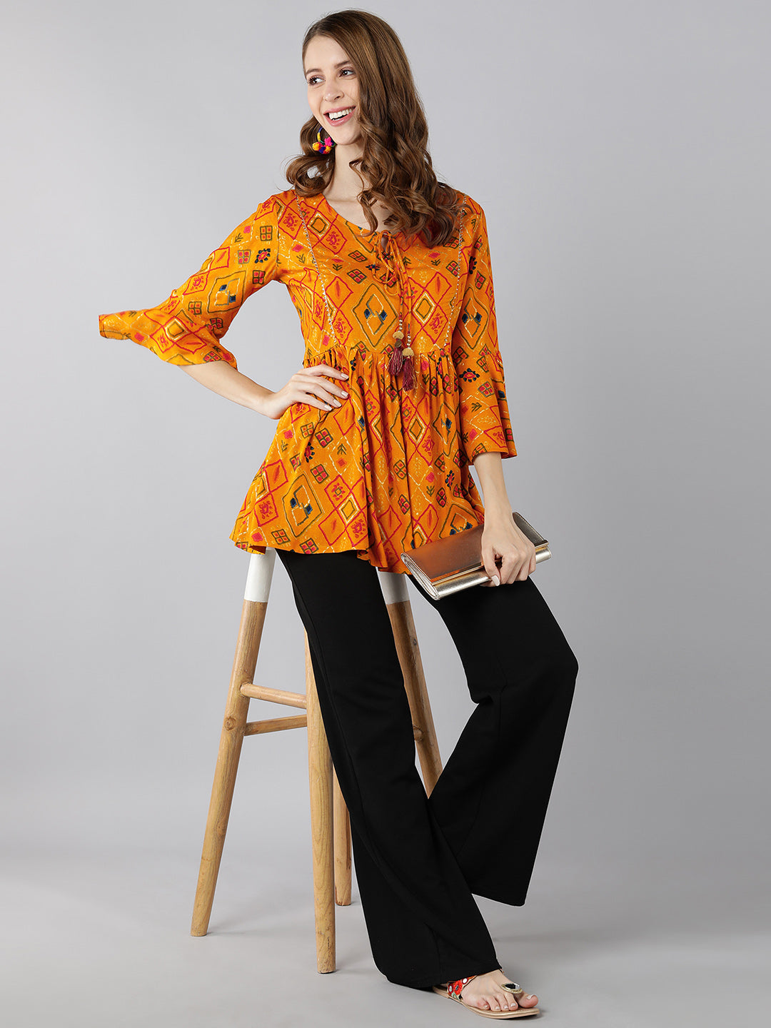 Women's Rayon Printed Peplum Top (Mustard) - Kipek