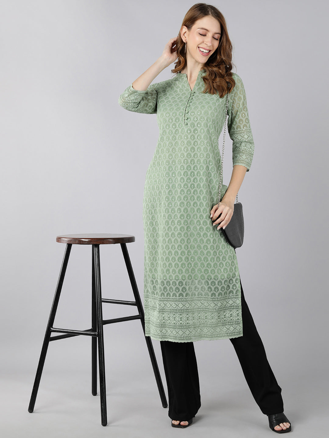 Women's Georgette Solid Straight Kurta (Light Green) - Kipek