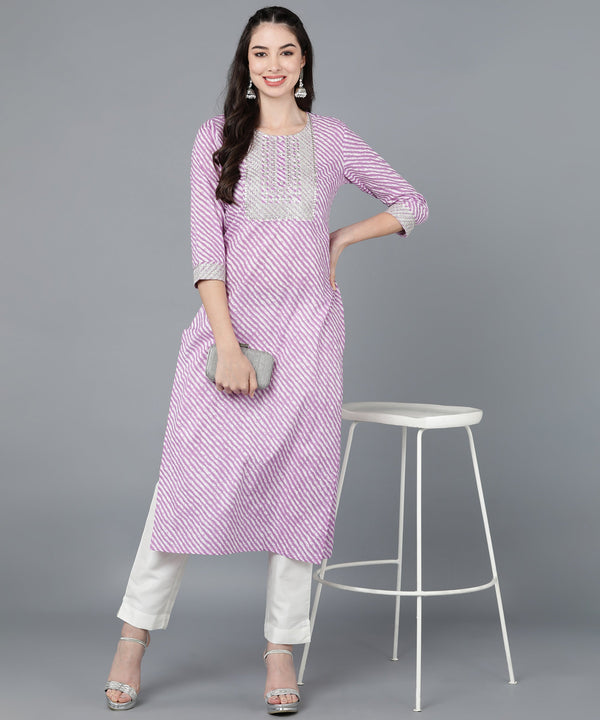 Women's Cotton Lehriya Print Straight Kurta (Purple) - Kipek