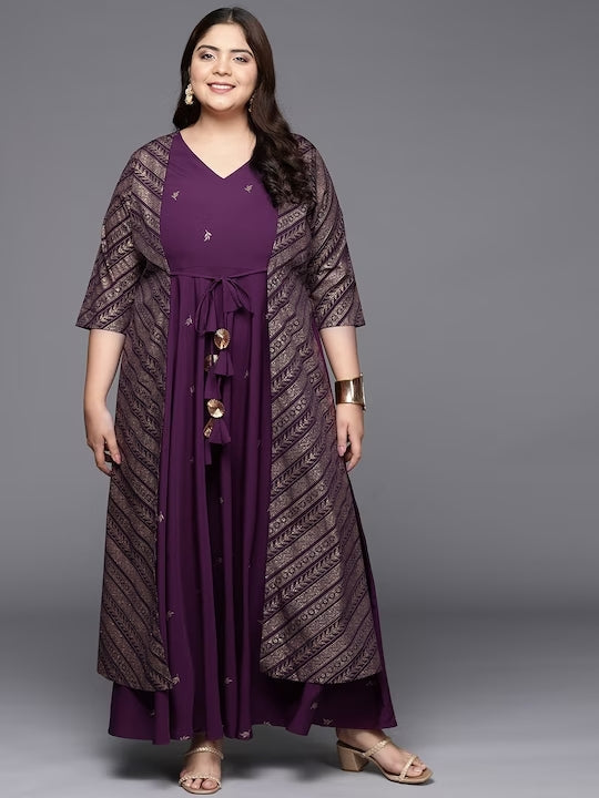 Burgandy & Gold Printed Plus Size Maxi Ethnic Dress