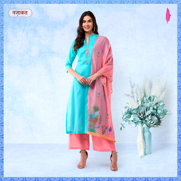 Women's Blue Embroidered Kurta With Pants And Pink Digital Printed Dupatta - Pannkh