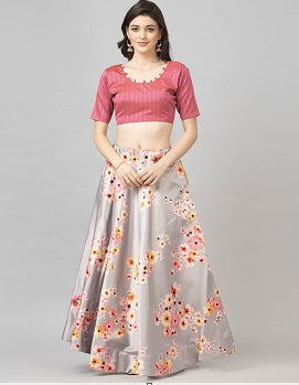 Women's Digital Print Shiney Satin Lehenga Choli With Dupatta And Unstitched Blouse - Kaizen Texo Fab