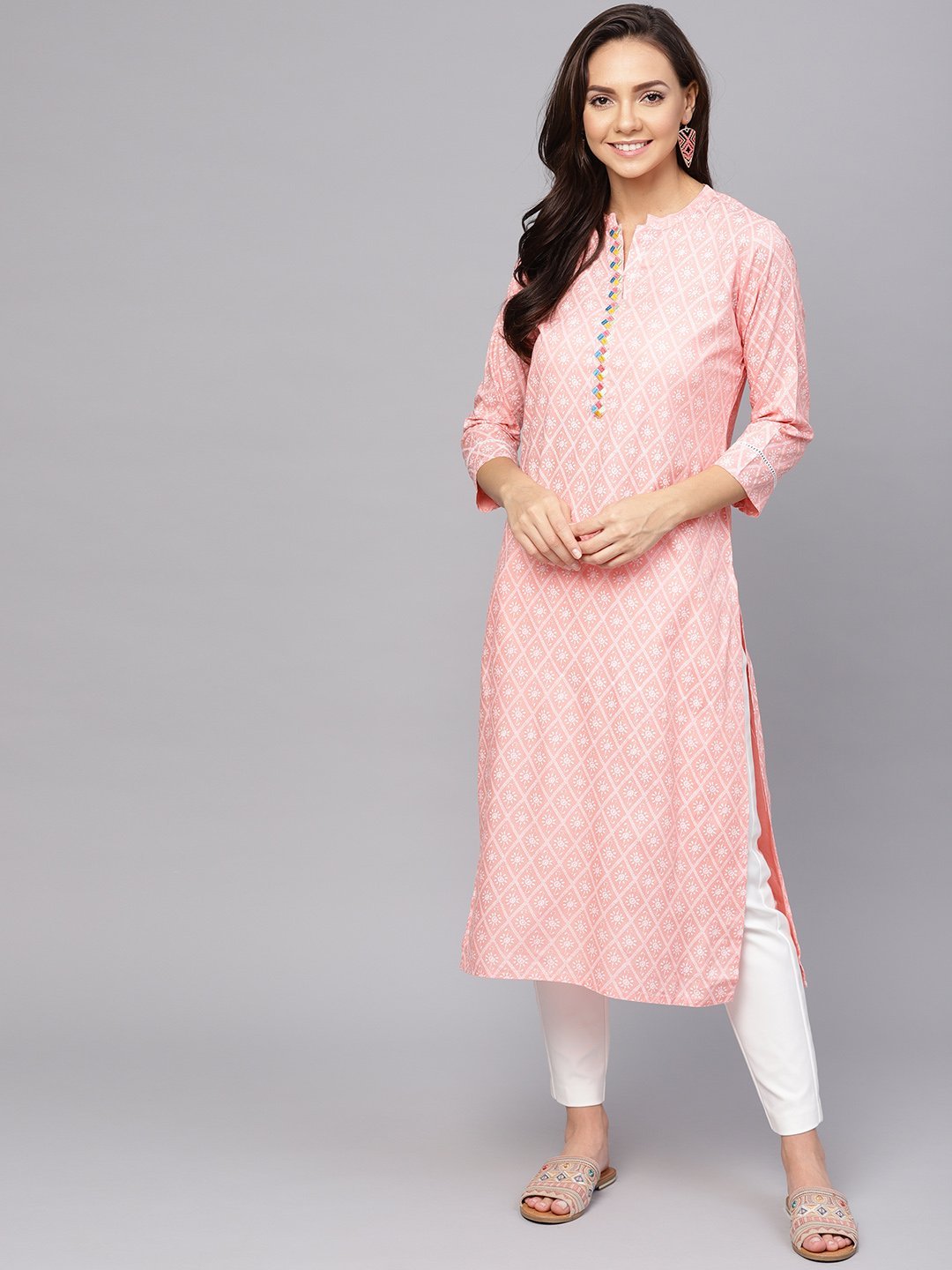 Women's Peach-Coloured & White Khari Printed Straight Kurta - Anubhutee USA