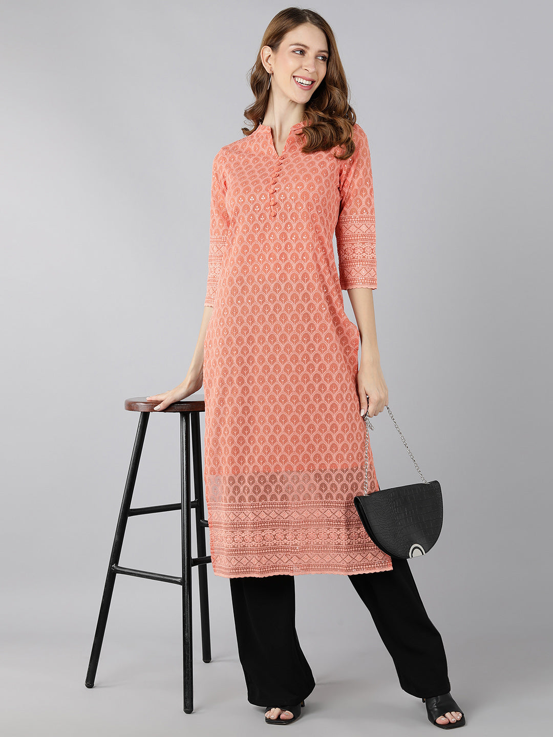 Women's Georgette Solid Straight Kurta (Peach) - Kipek