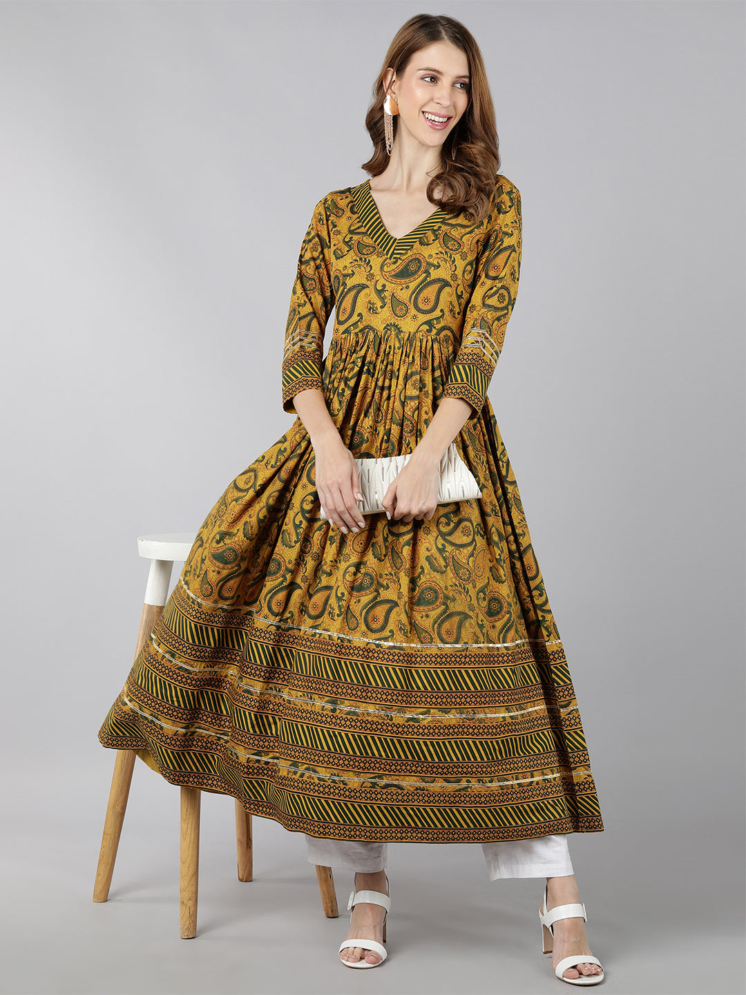 Women's Rayon Floral Print Anarkali Kurta (Yellow) - Kipek