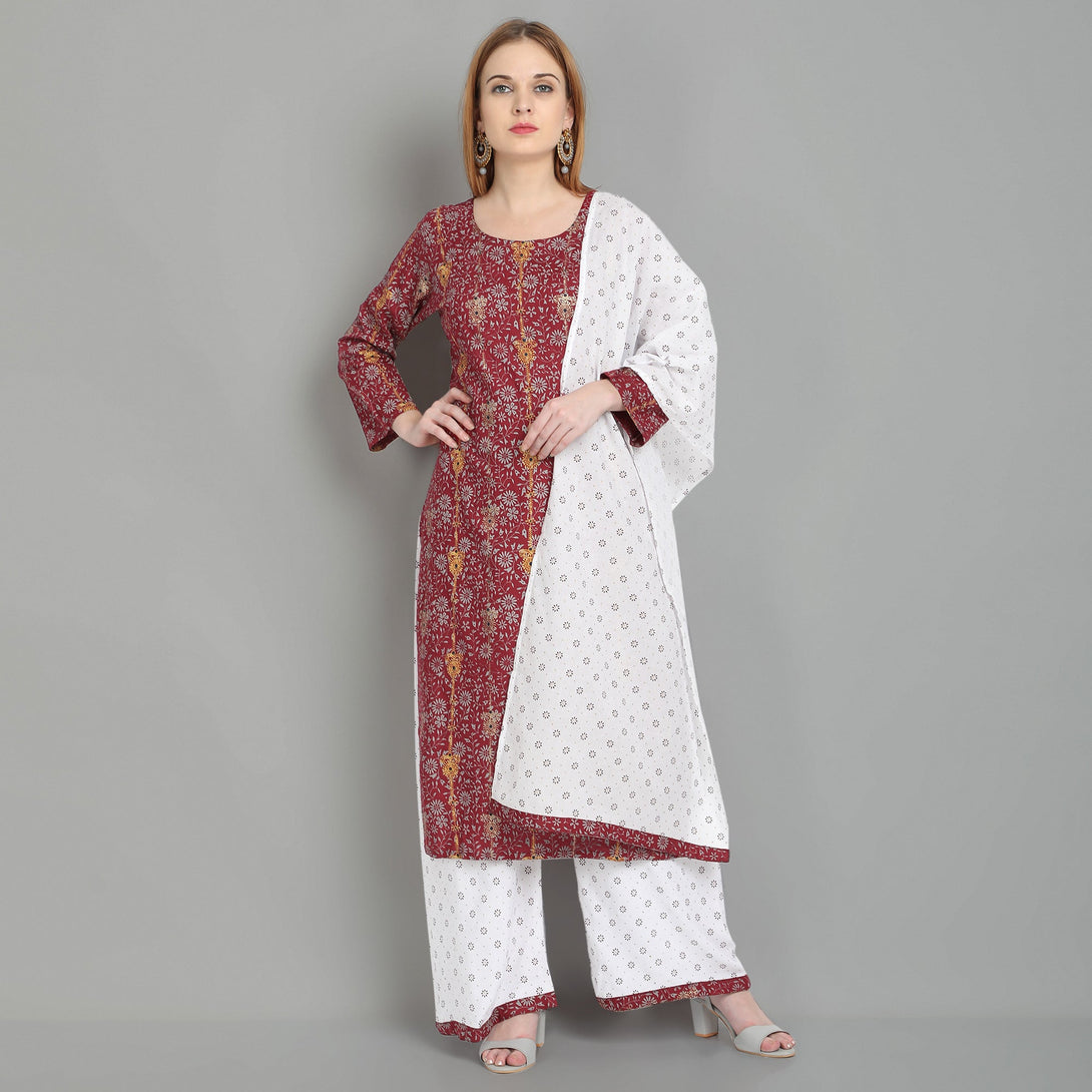 Women's Maroon Rayon Kurta And Sharara Set - Noz2Toz