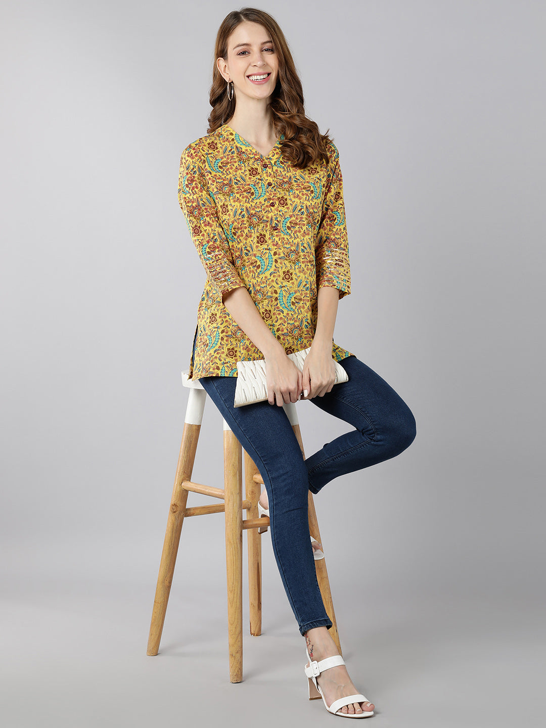 Women's Cotton Floral Print Straight Top (Yellow) - Kipek