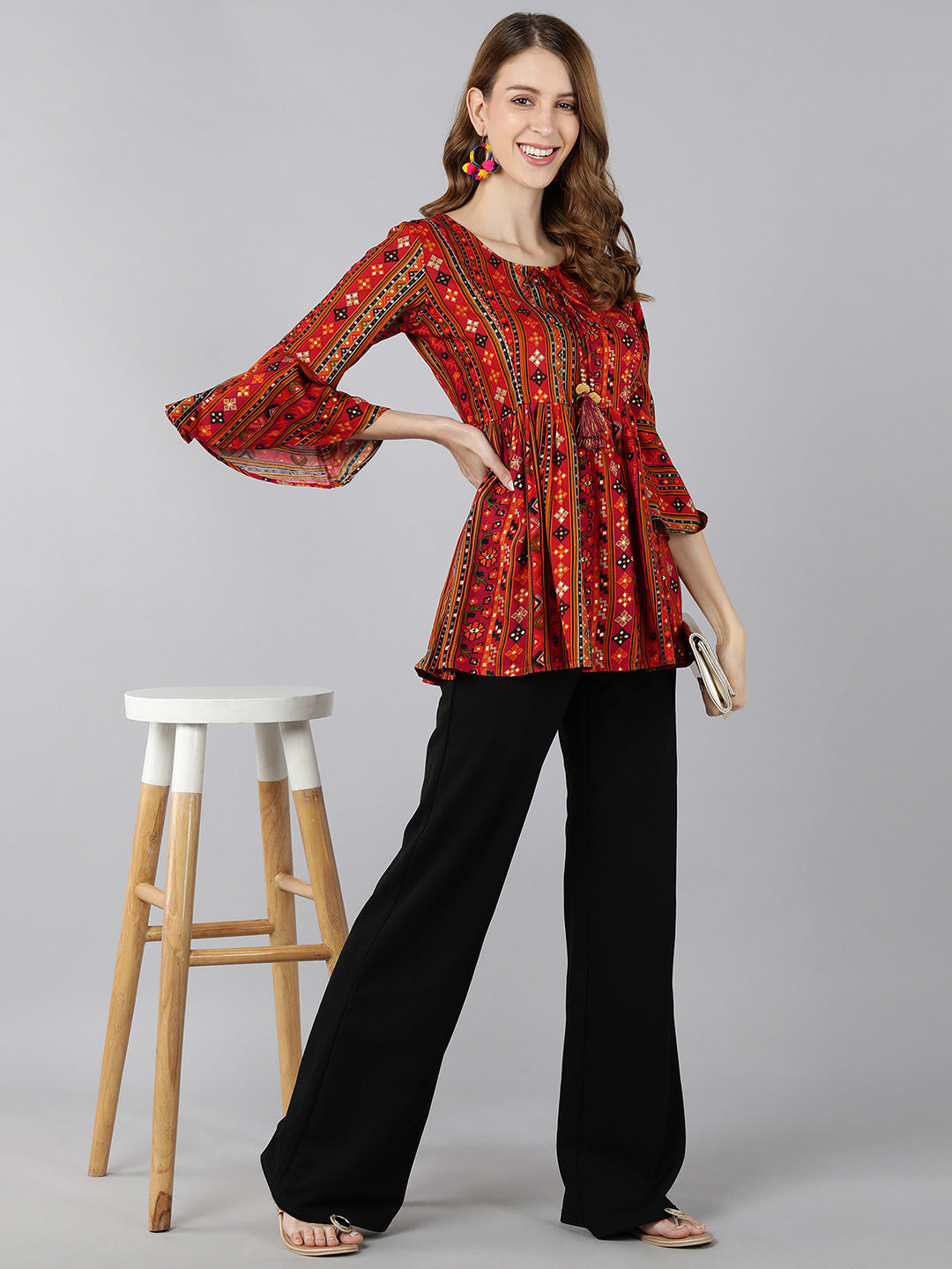 Women's Rayon Printed Peplum Top (Red) - Kipek