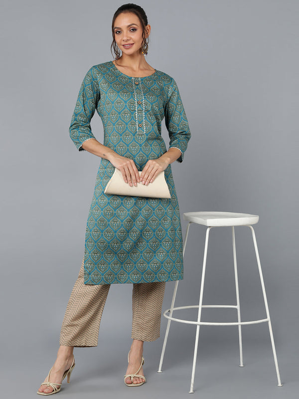 Women's Cotton Blend Printed Straight Kurta Set (Teal ) - Kipek