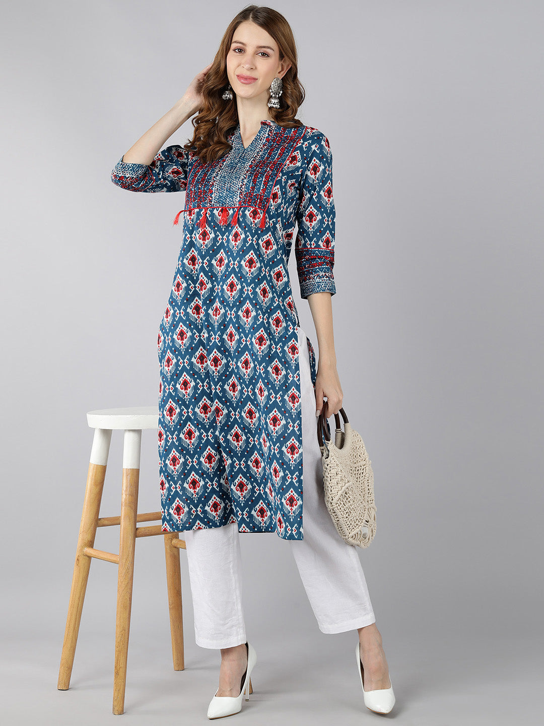 Women's Cotton Printed Straight Kurta (Blue) - Kipek