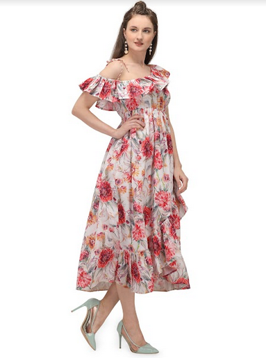 Women's White Off Shoulder Floral Ankle Length Tunic Dress - MESMORA FASHIONS