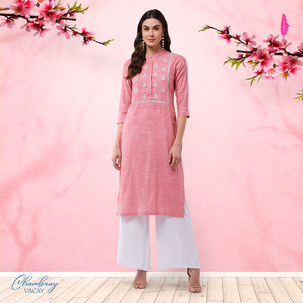 Women's Yoke Embroidered Chambray Kurta - Pannkh