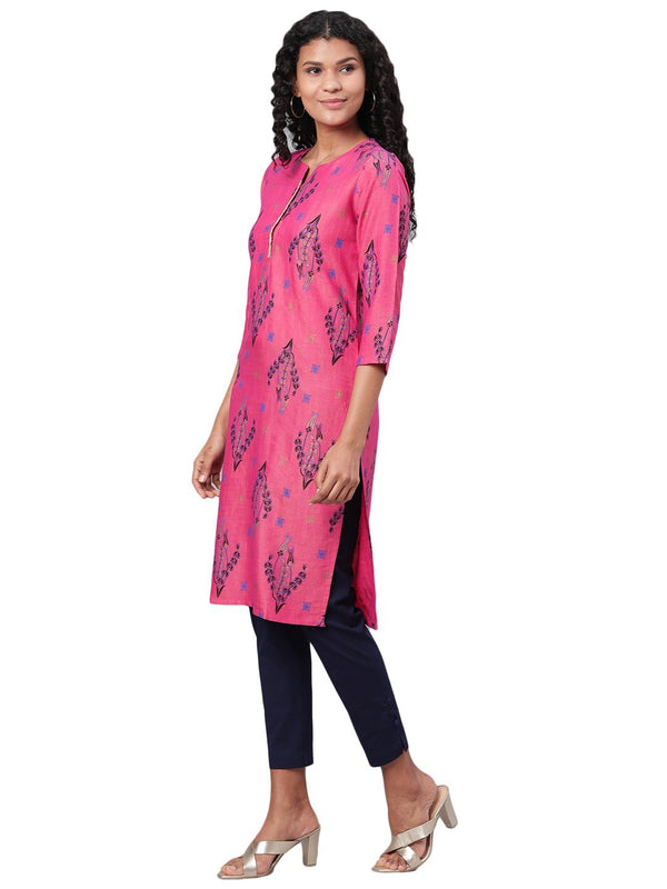 Women's Pink Printed 3/4 Sleeve Rayon Round Neck Casual Kurta Only - Myshka