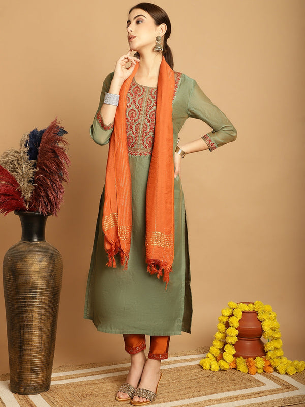 Women's Olive Green Chanderi Trouser Dupatta Set - Taantav