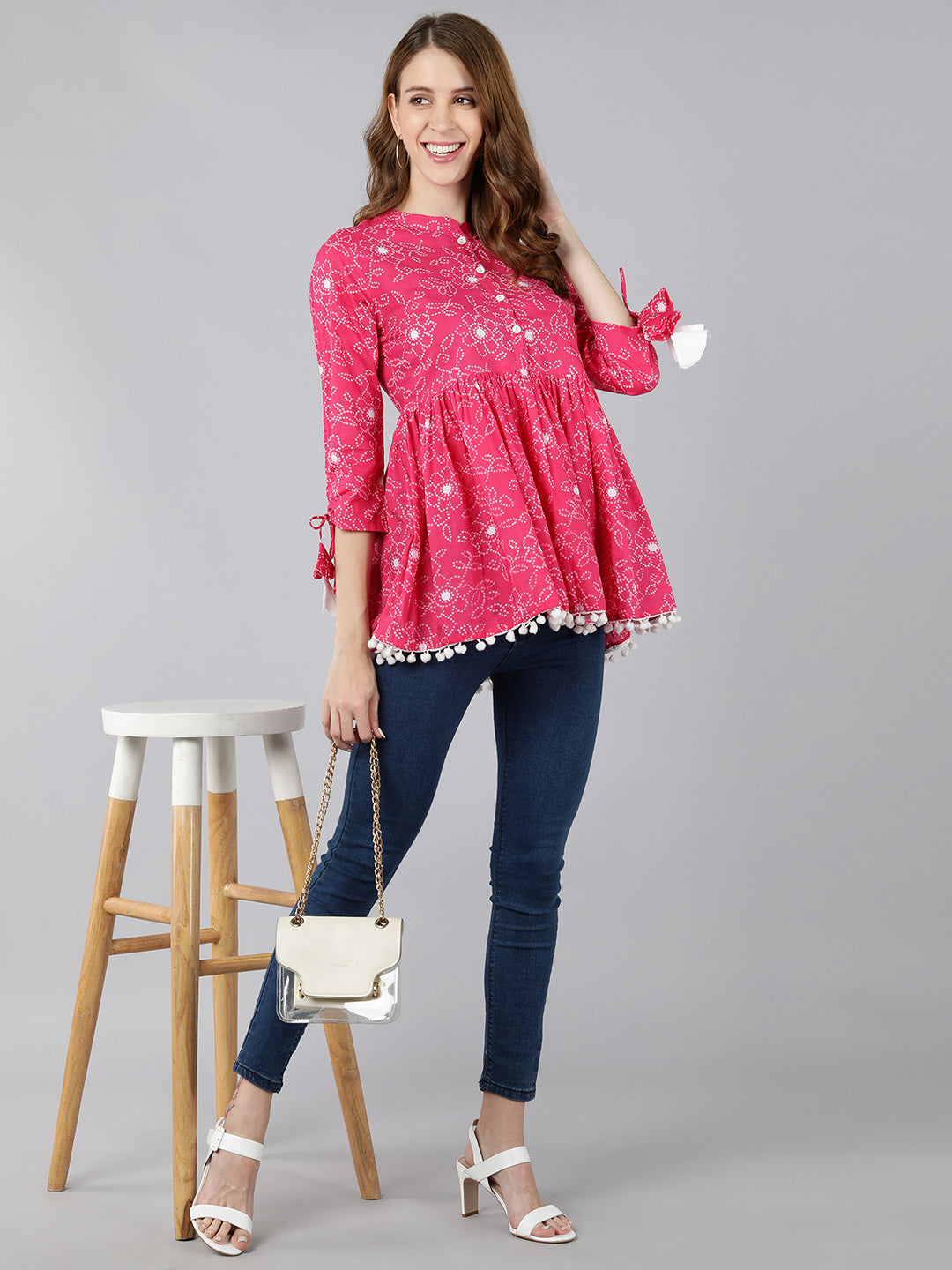 Women's Rayon Printed Peplum Top (Pink) - Kipek