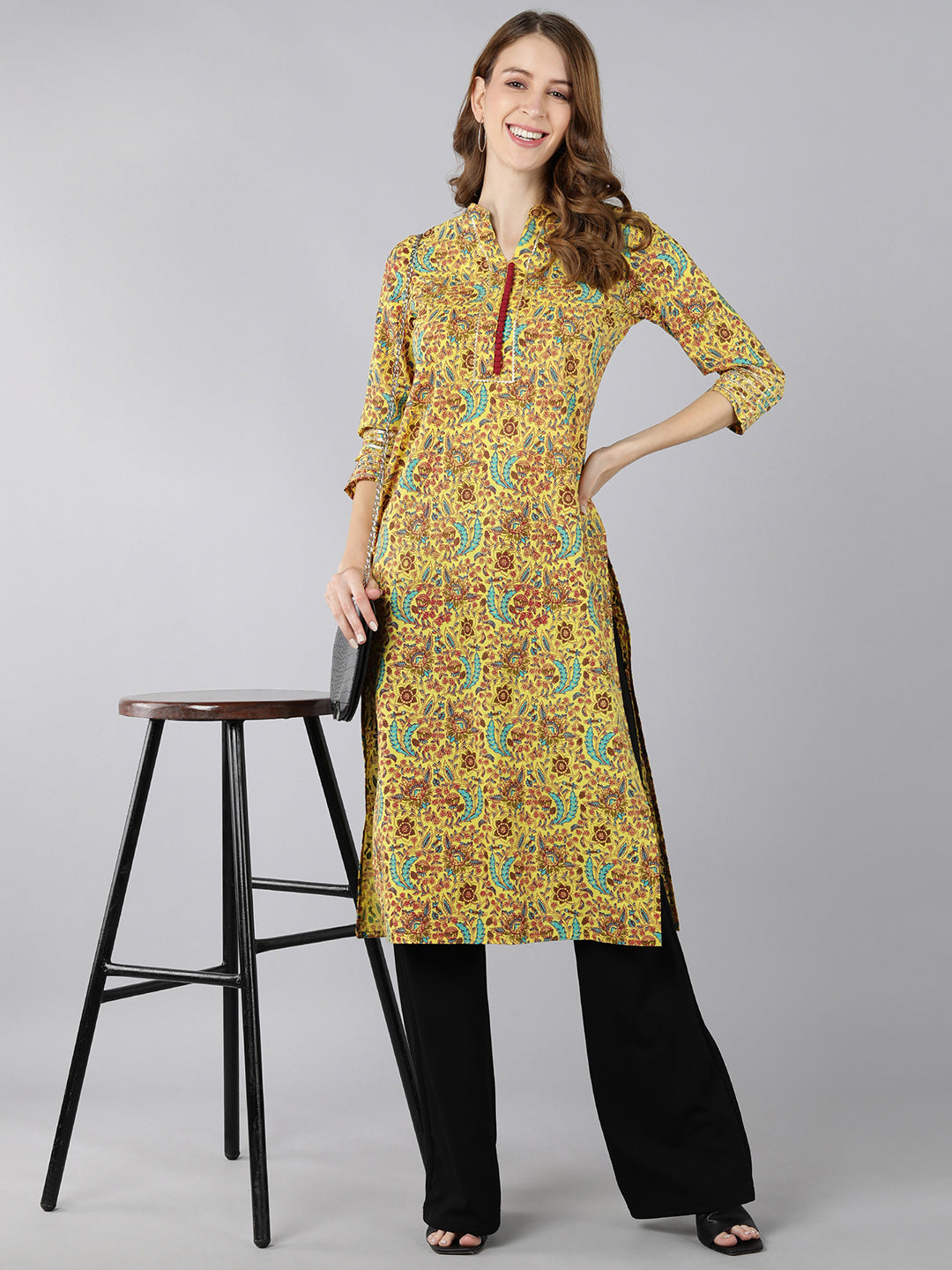 Women's Cotton Printed Straight Kurta (Mustard) - Kipek