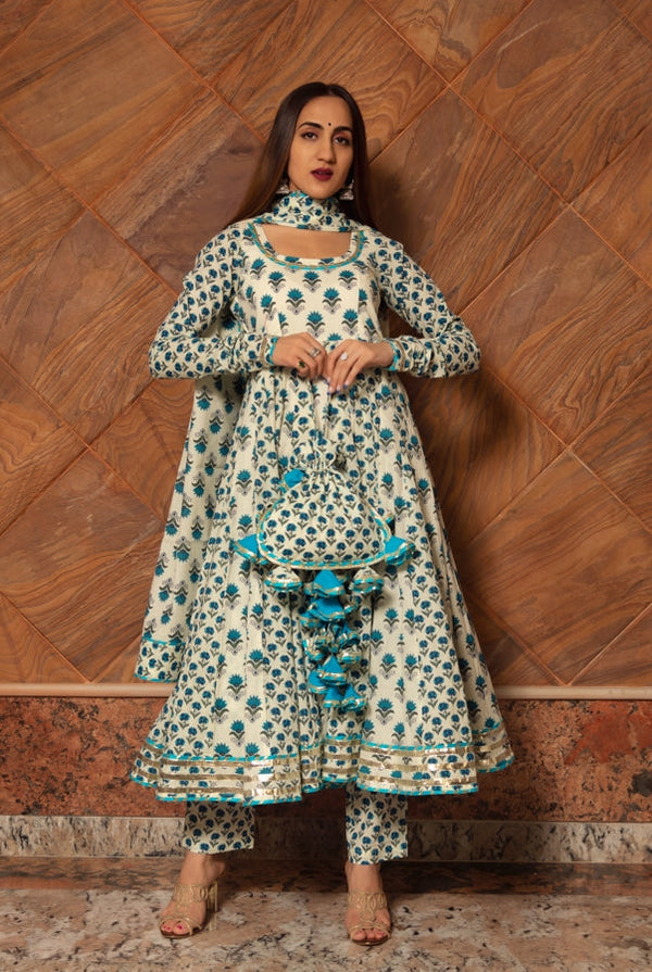 Women's Paisely Cotton Kalidaar Anarkali Set  - Pomcha Jaipur