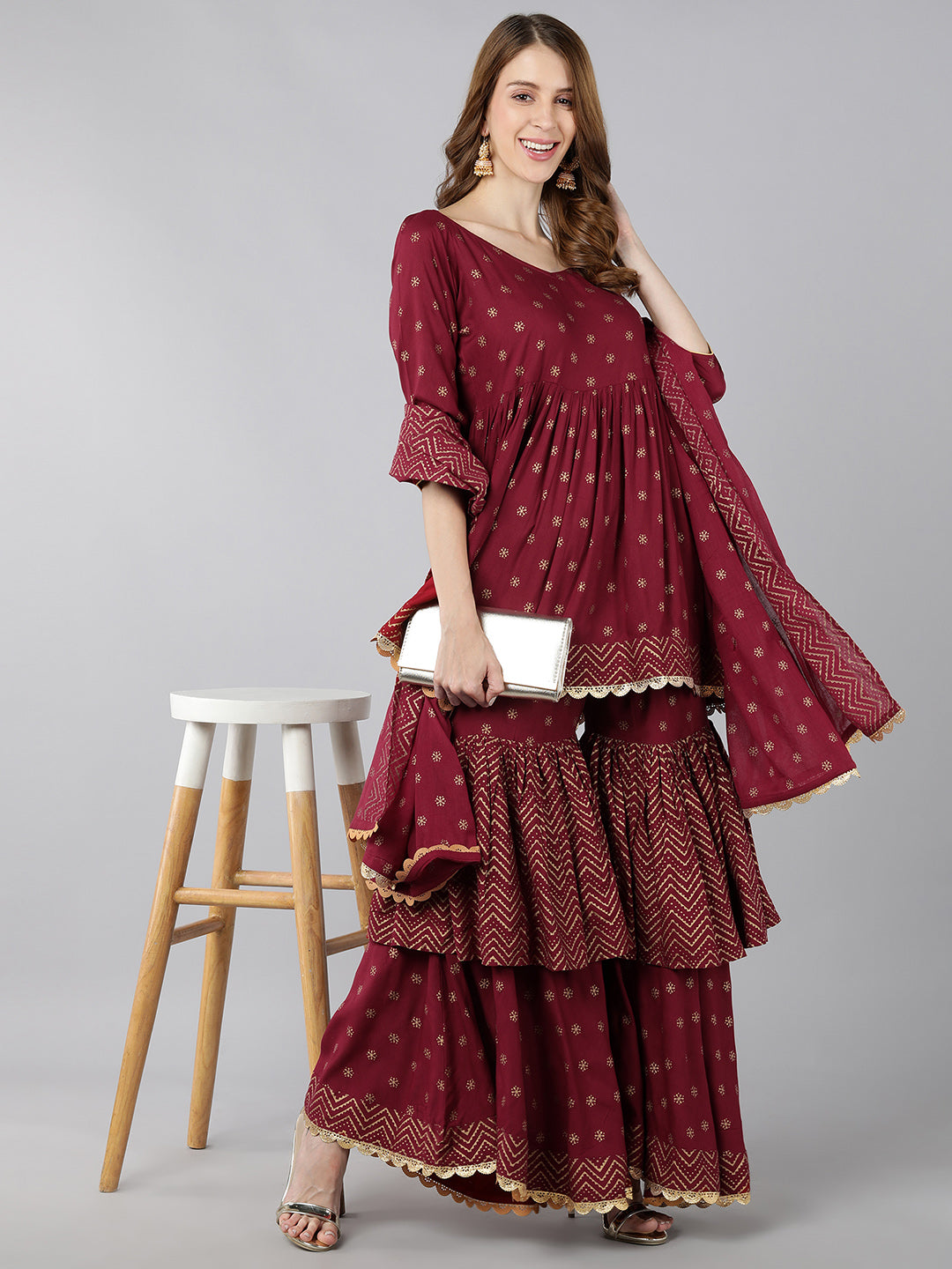 Women's Rayon Gold Print Flared Ethnic Set (Maroon) - Kipek