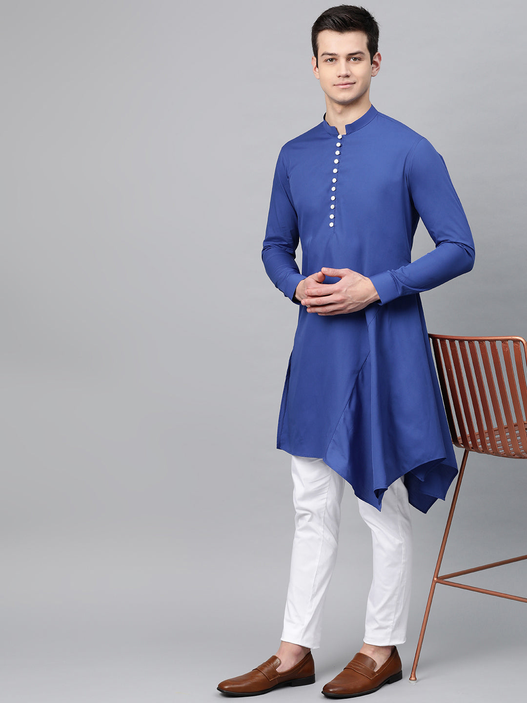 Men's Royal Blue Solid Asymmetrical Kurta With Pyjama - See Designs